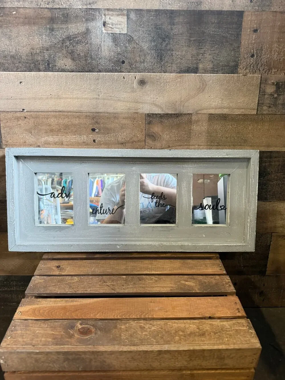 Adventure Feeds The Soul Rustic Grey Wood 4 Pane Window Mirror-Wall Decor -24x10